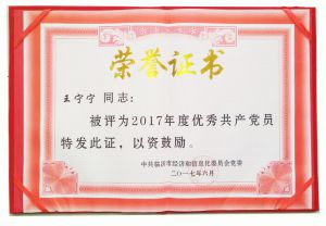 公司共产党员王宁宁荣获临沂市经信委优秀共产党员荣誉称号